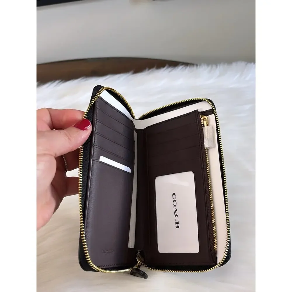 Coach Black Embossed Signature Leather Zip Wallet with Gold Hardware
